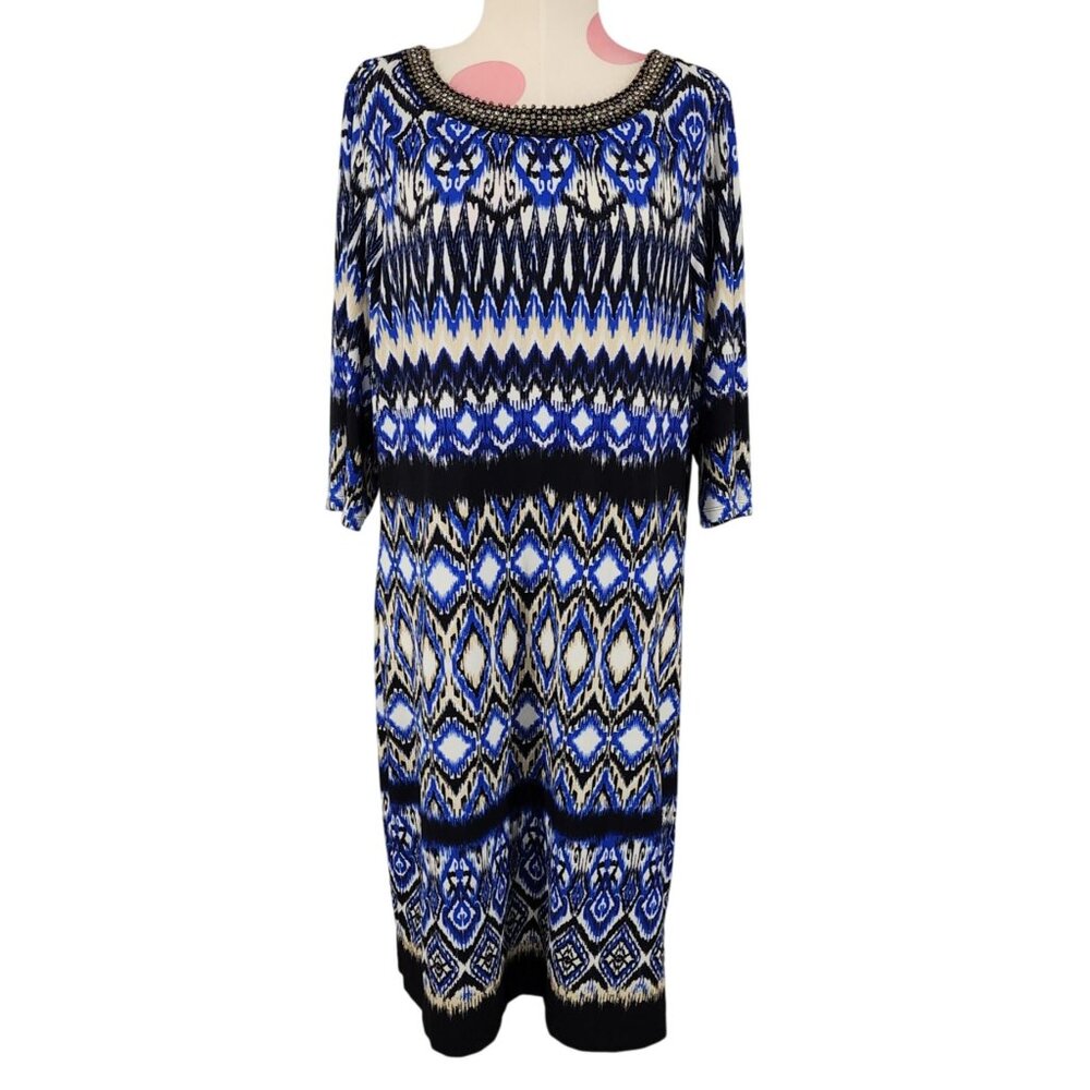 NWT Women's Studio One New York Dress Rhinestone Beaded Neckline Size 14 Blue Bl